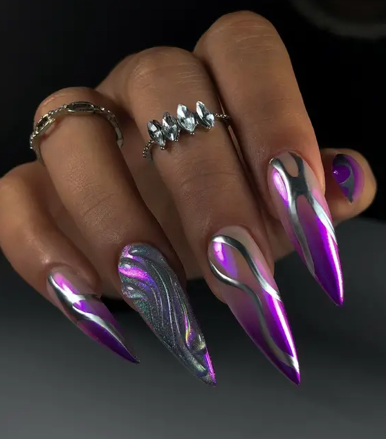 Autumn Nail Trends   Futuristic Purple Swirls