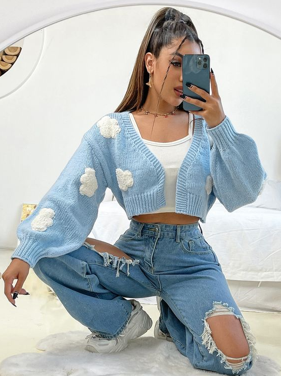 Back To School Outfits   Baby Blue Casual Long Sleeve Acrylic Graphic Cardigan Embellished Slight Stretch Spring Women Knitwear Cute Outfits Trendy Outfits For Teens Really Cute Outfits Stylish Outfits