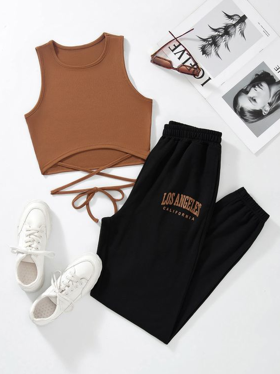 Back To School Outfits   Crisscross Tie Back Tank Top & Letter Graphic Joggers Cute Dress Outfits Trendy Outfits For Teens Casual Preppy Outfits Cute Preppy Outfits Cute Lazy Day Outfits