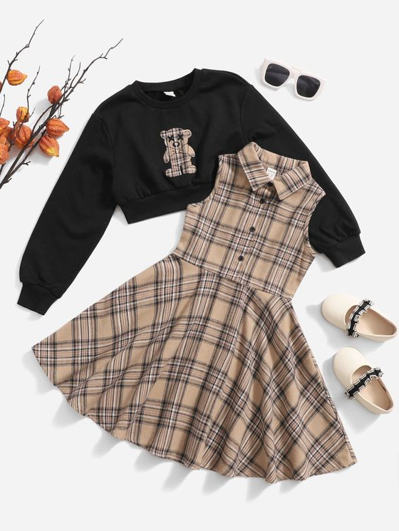 Back To School Outfits   Girls Bear And Plaid Print Drop Shoulder Sweatshirt & Sleeveless Dress Cute Dress Outfits Cute Outfits Easy Trendy Outfits Stylish Outfits Teen Fashion Outfits