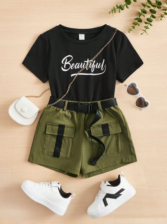 Back To School Outfits   Tween Girl Letter Graphic Tee & Flap Pocket Belted Shorts Tween Outfits Summer Outfits For Teens Cute Preppy Outfits Stylish Summer Outfits Outfits For Teens