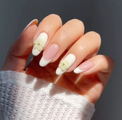 3D Cream Floral Nails