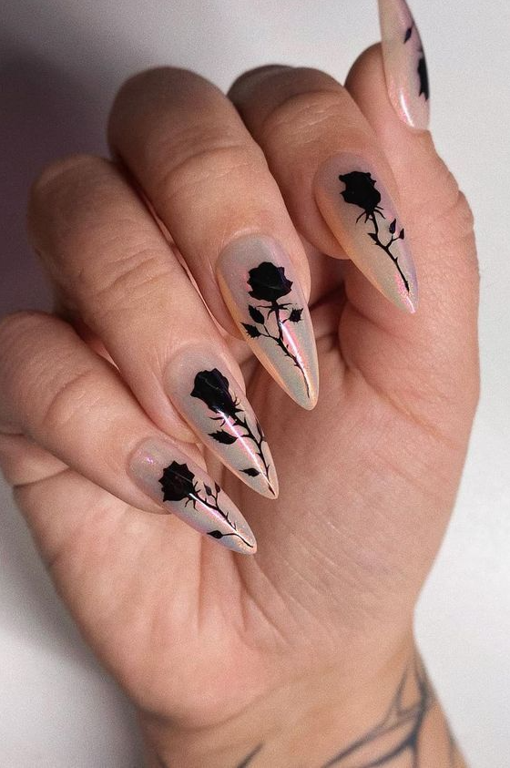 Beauty Rose Nails Rose Nails Pretty Nails Goth Nails White Glitter Nails Witchy Nails Grunge Nails