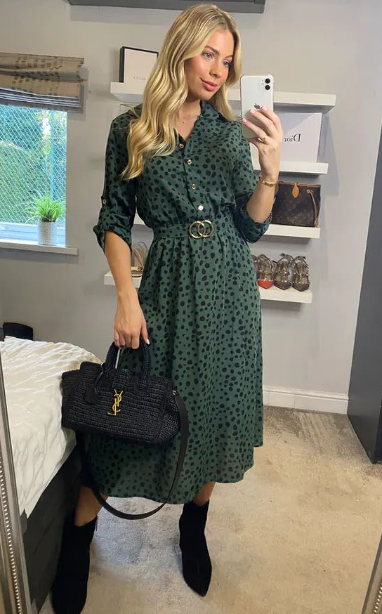 Green Belted Blotch Print Midi Dress