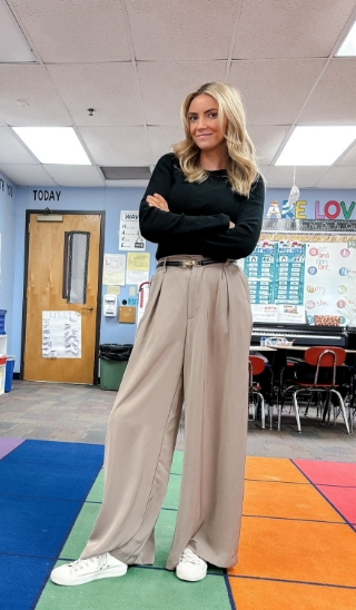 Long Sleeve Shirt With Belted Wide Leg Slacks