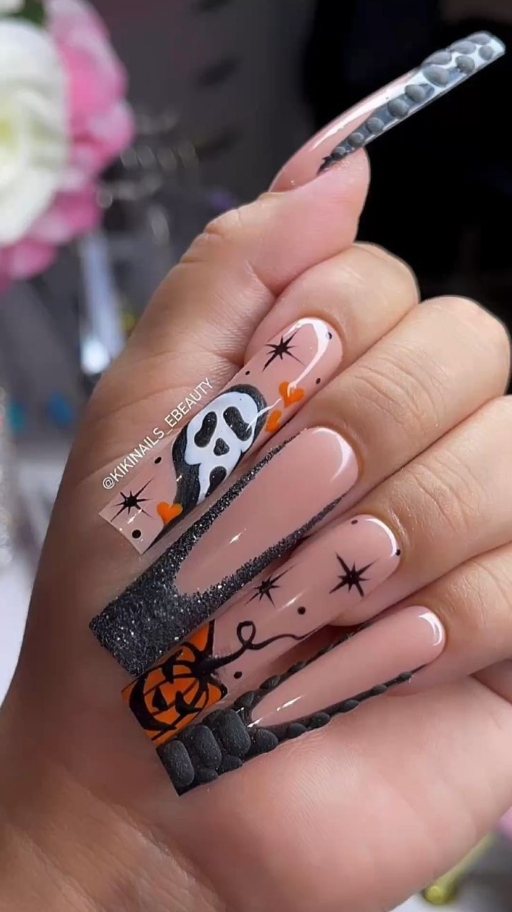 Long Halloween Gel Nails With Black French And Ghost Face Pumpkin Designs French Acrylic Nails Halloween Nails Acrylic Nails Gel Nails Pumpkin Nails Bling Acrylic Nails