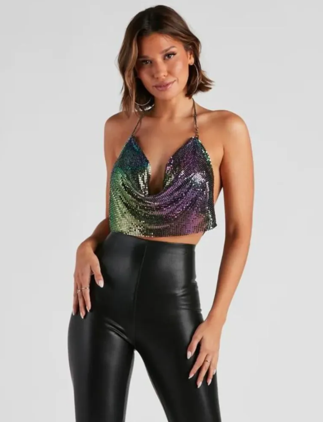 Multi Color Cowl Neck Backless Party Crop Top Club Outfit