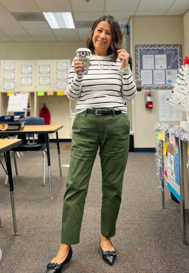 Striped Long Sleeve With Ankle Slacks And Flats