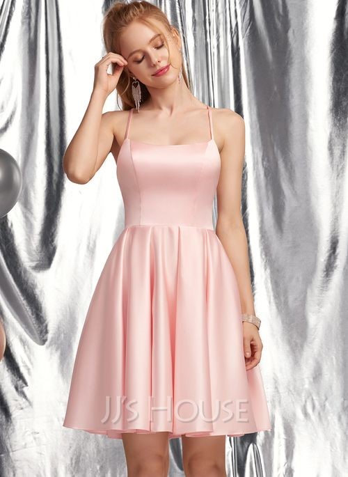 A Line Square Short Satin Prom Dresses