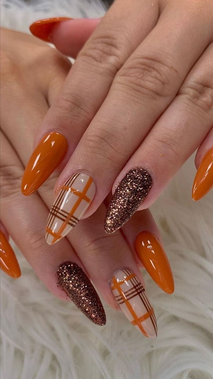 Nail Designs Orange Nails Fall Gel Nails Fall Acrylic Nails Nail Art Plaid Nails