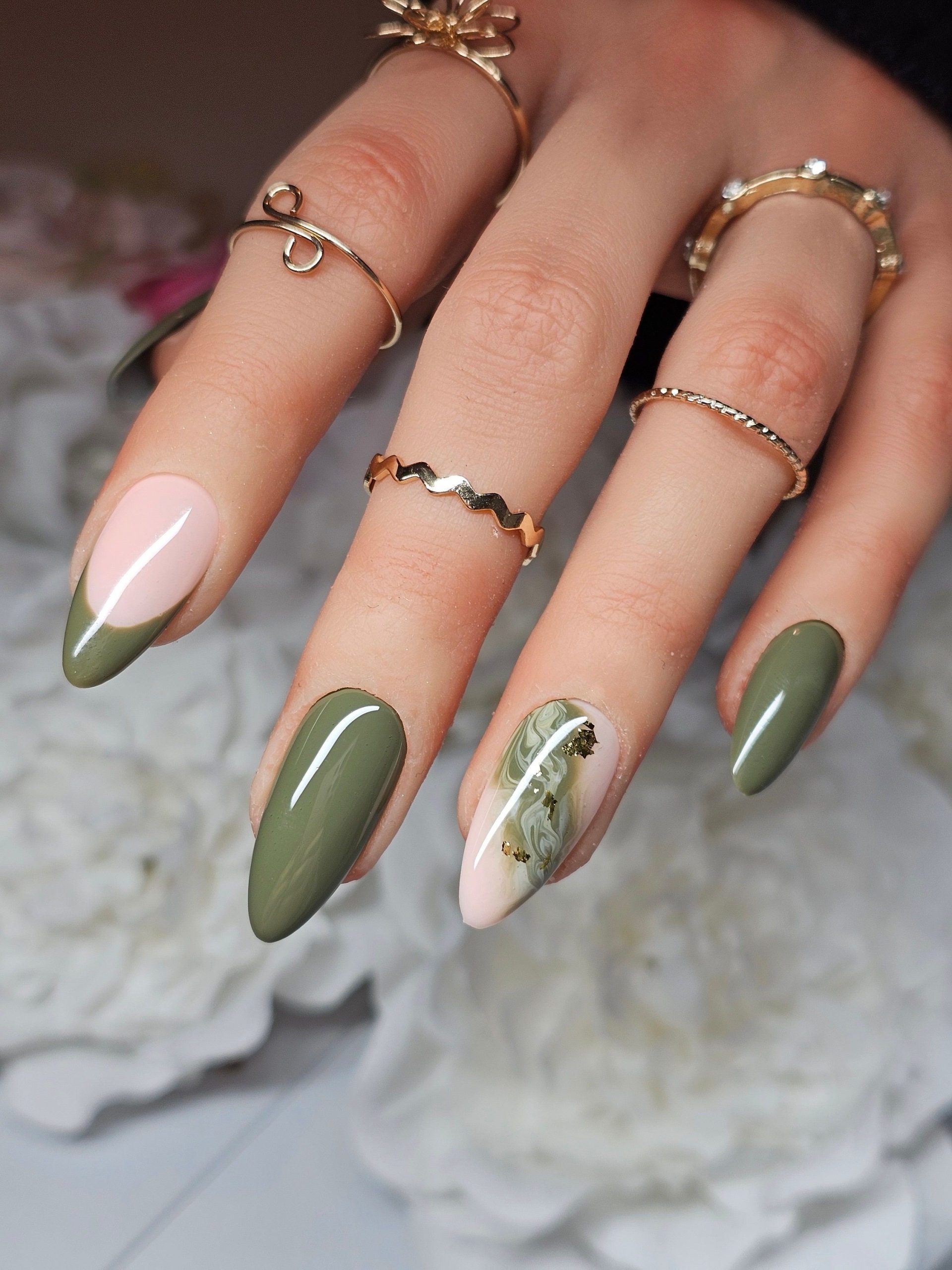 Olive Green With Marble Accent And Gold Flakes Reusable Press On Nails Green Nails Simple Nails Stylish Nails Gel Nails Nail Colors Nail Art