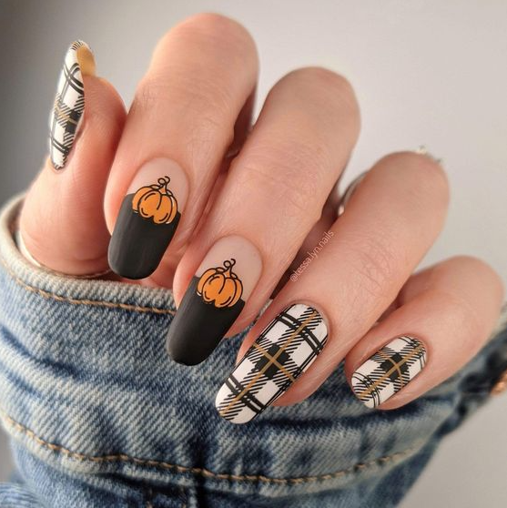 Plaid Nails Halloween Nails Tahnksgiving Nails Pumpkin Nails Gel Nails Thanksgiving Nail Art