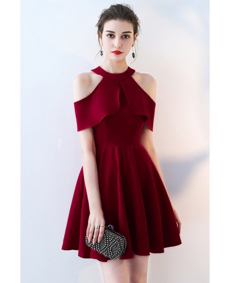 Short Red Burgundy Halter Homecoming Dress With Flounce