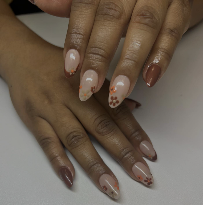 Almond Brown Nails With Flower Designs