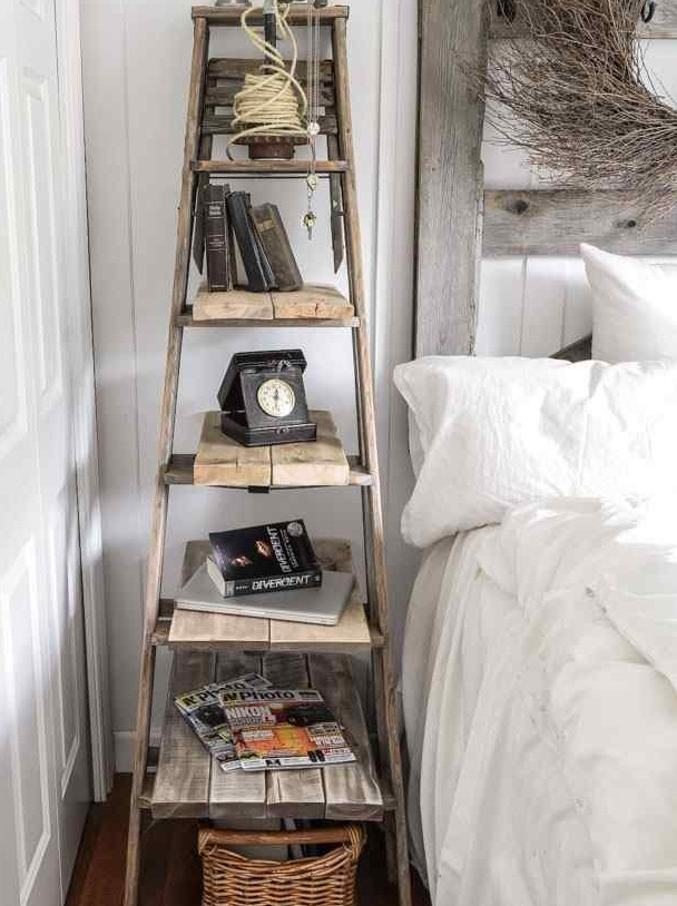 And On The Other Side Of The Bed, A Repurposed Orchard Ladder Turned Nightstand