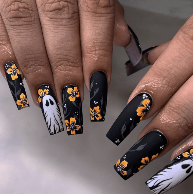 Black Halloween Nails With Ghost And Floral Design