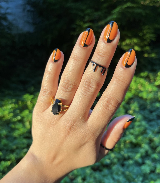 Bold Halloween Almond Nails With Black French Tips