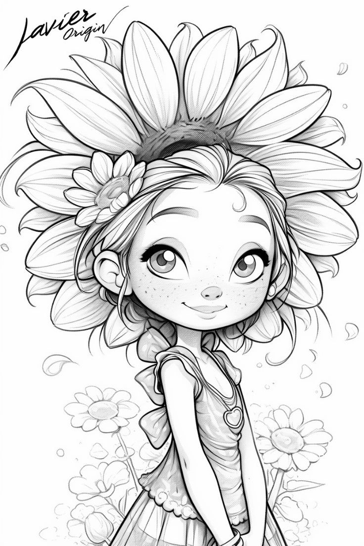 Chica Girasol Cartoon Bonito Dibujo De Una Niña Con Un Girasol De Fondo Para Colorear Cartoon Coloring Pages Flower Coloring Pages Free Adult Coloring Pages Drawing Illustrations