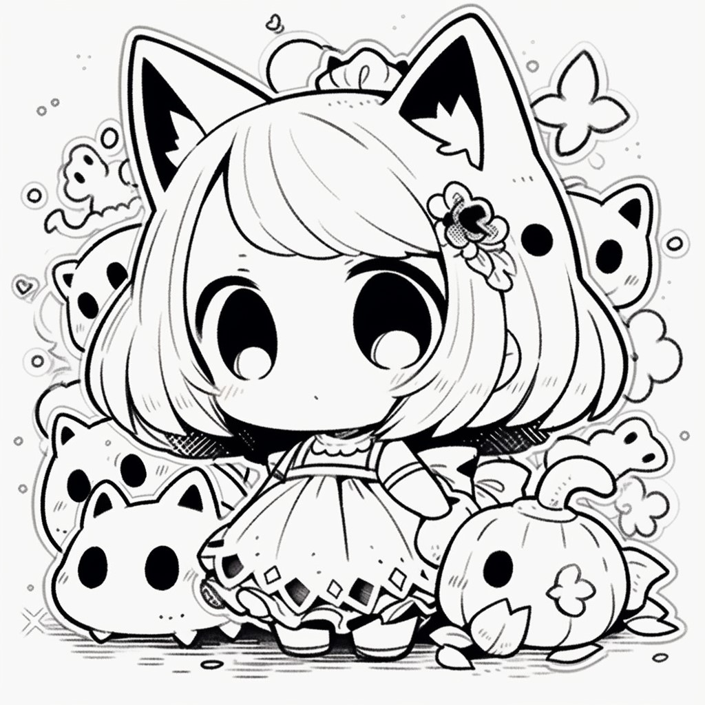 Dibujo Bonito Y Tierno De Niña Con Gatos Y Calabaza Para Pintar Dibujo Muy Bonito Y Tierno Kawaii De Una Niña Junto A Gatos Y Una Calabaza Tuerta Dibujos Chibi De Halloween Para Colorea