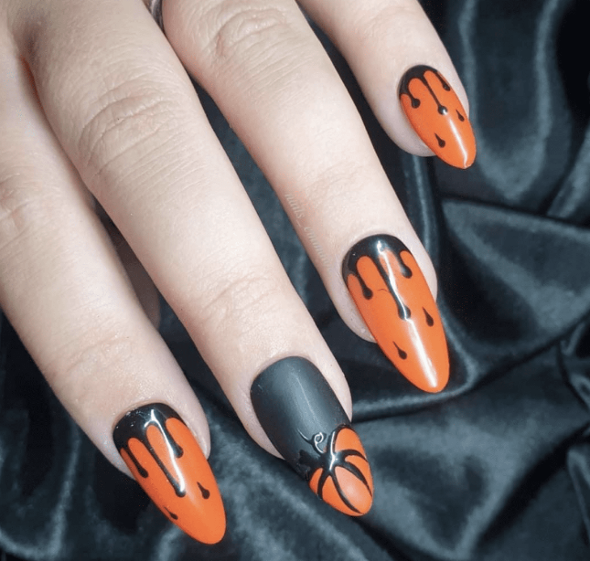 Halloween Drip Nails With Pumpkin Accent