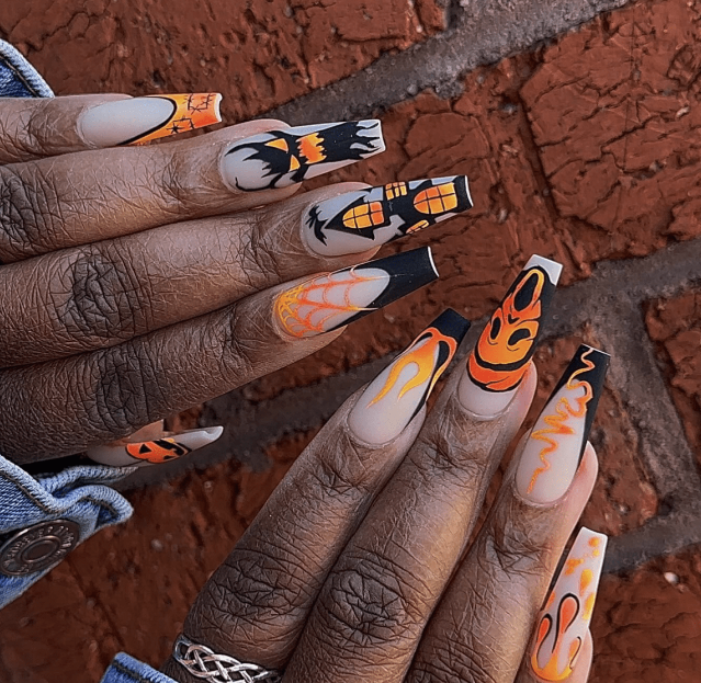 Halloween Nail Art With Haunted Houses And Flames