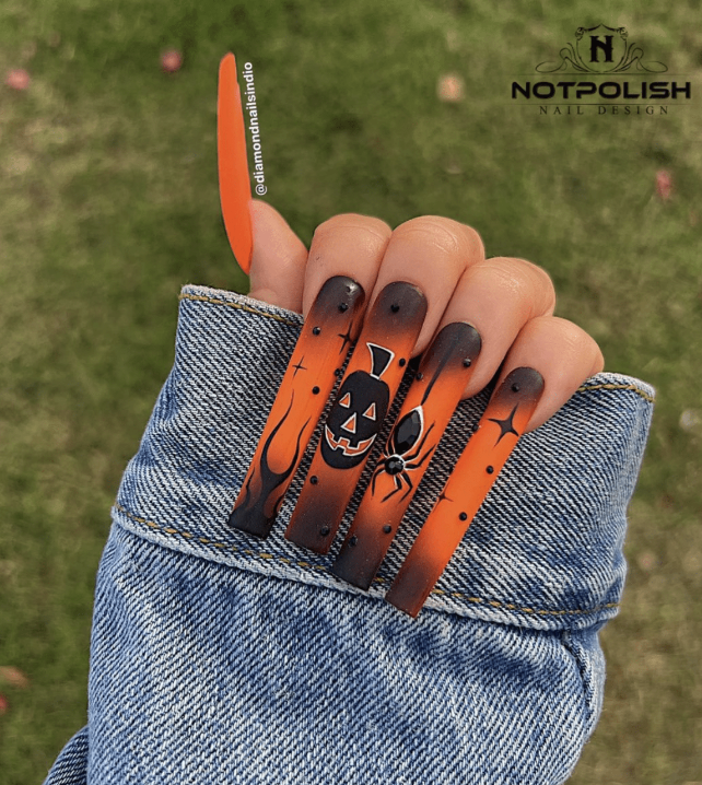 Halloween Nails With Jack O’ Lantern And Spider Designs