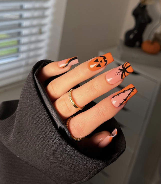 Halloween Nails With Jack O’ Lanterns And Stitched Patterns