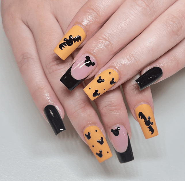 Halloween Nails With Mickey Mouse And Bat Silhouette