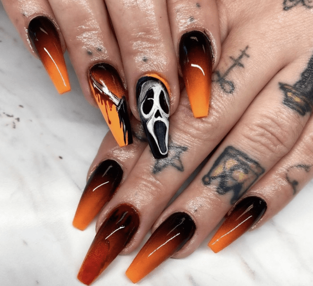 Halloween Nails With Scream And Blood Drip Design