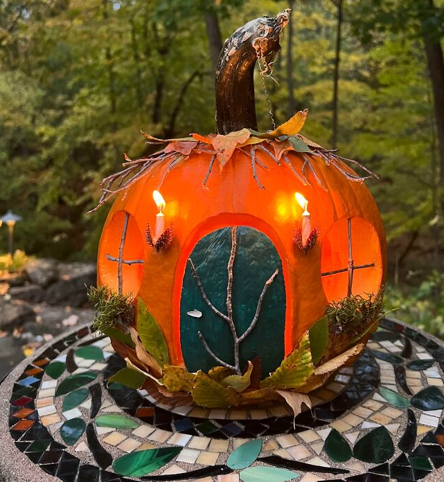 I Made A Pumpkin Cottage Today. I Used Foraged Materials (Except Candles, Paint, And Hot Glue)