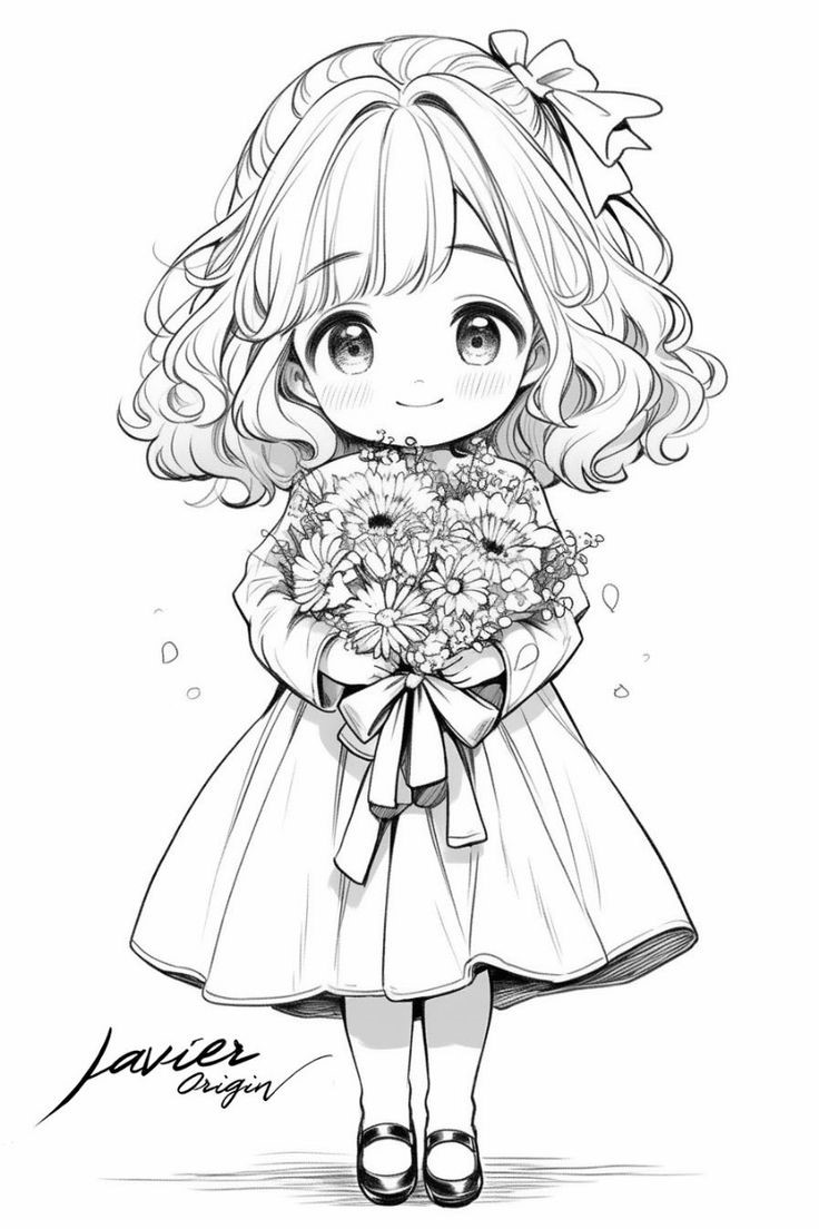 Niña Con Ramo De Rosas Dibujo Bonito Anime De Bella Niña Con Ramo De Rosas Para Colorear Coloring Book Art Cute Coloring Pages Cute Anime Chibi Anime Lineart