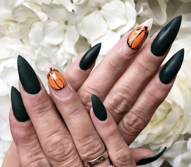 Pumpkin Nail Art With Matte Black Accent