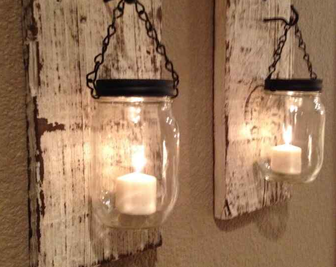 Put Up Mason Jar And Rustic Reclaimed Wood Votive Holders As Wall Decor