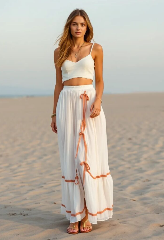 Ribbon Accented Maxi Skirt And Crop Top