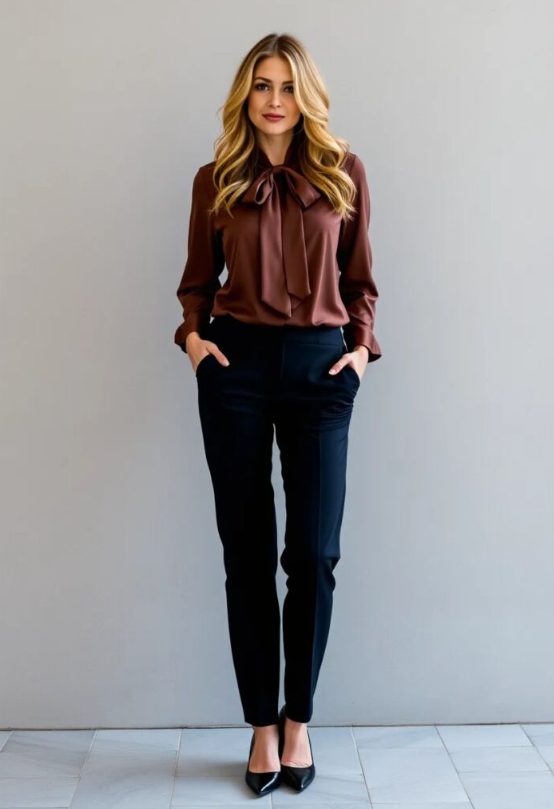 Ribbon Tied Blouse With Tailored Trousers