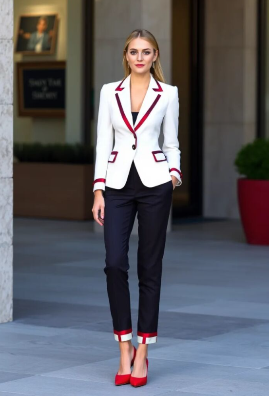 Ribbon Trimmed Blazer And Trousers Set