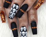 Spooky Matte Black Nails With Skull And Skeleton Designs